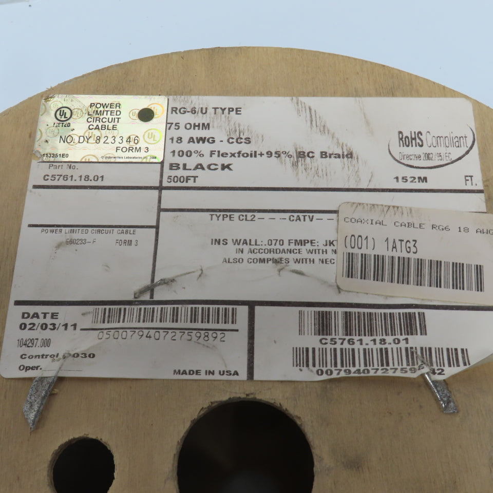 General Cable C5761.18.01 18AWG RG-6 Black Coaxial Cable 500'