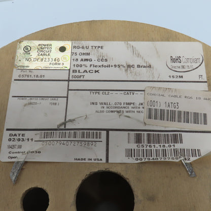 General Cable C5761.18.01 18AWG RG-6 Black Coaxial Cable 500'