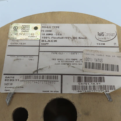 General Cable C5761.18.01 18AWG RG-6 Black Coaxial Cable 500'
