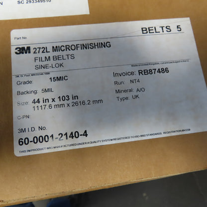 3M 272L Aluminum Oxide Resin Back 15 Micron Sanding Belt 44"x103" Lot of 34