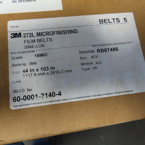 3M 272L Aluminum Oxide Resin Back 15 Micron Sanding Belt 44"x103" Lot of 34