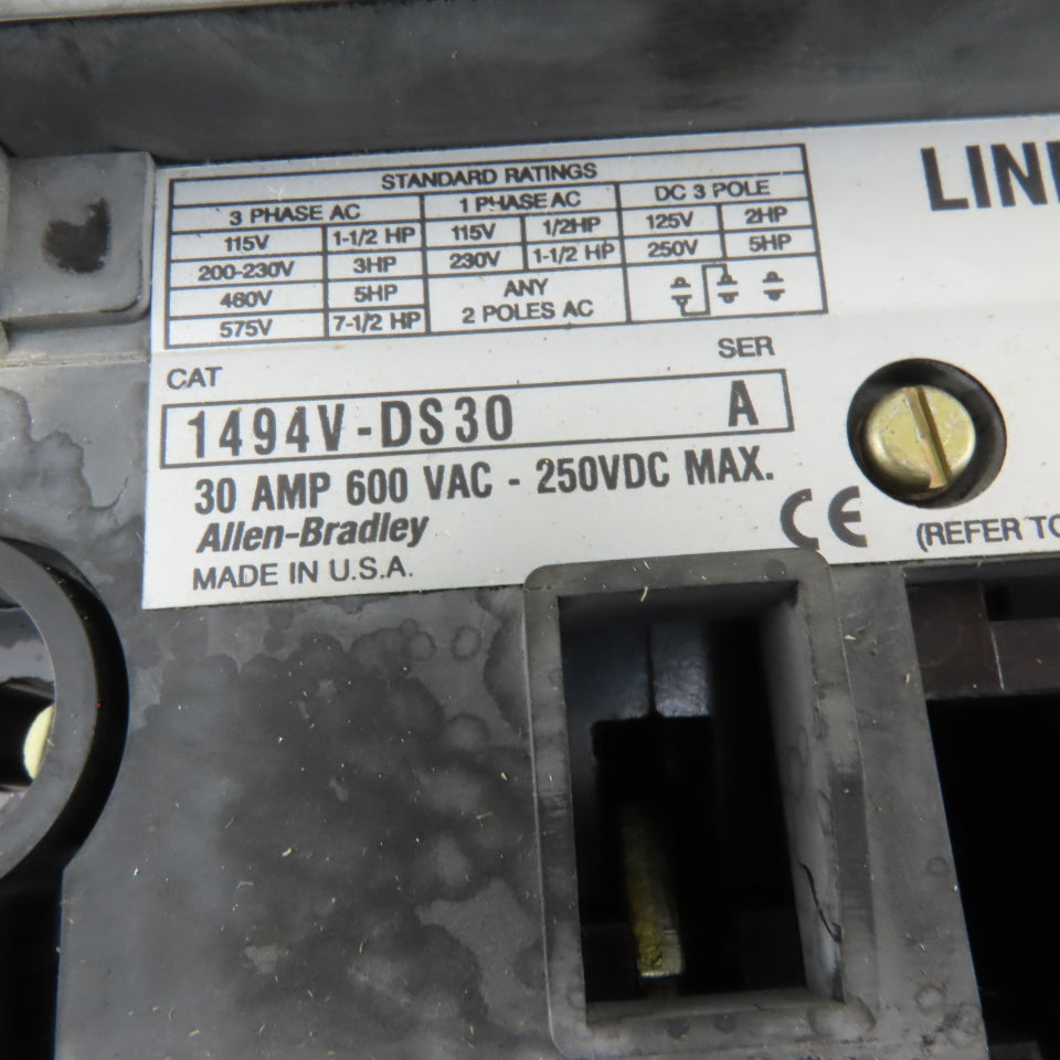 Allen Bradley 1494V-DS30 30A 600VAC 250VDC Fused Mains Disconnect Panel Operator