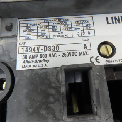 Allen Bradley 1494V-DS30 30A 600VAC 250VDC Fused Mains Disconnect Panel Operator