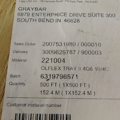 Lapp 221004 10AWG 4 Conductor 600V Olflex Unshielded Flexible Tray Cable 500'