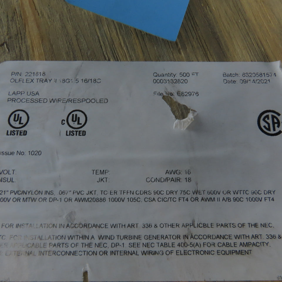 Lapp 221618 16AWG 18 Cond 600V Olflex Unshielded Flexible Tray Cable 485'