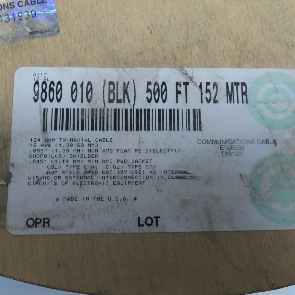 Belden 9860 010 16AWG 124OHM Shielded PVC Jacket Twinaxial Cable 447'
