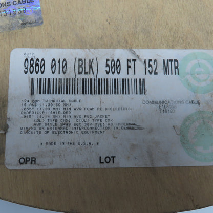 Belden 9860 010 16AWG 124OHM Shielded PVC Jacket Twinaxial Cable 447'