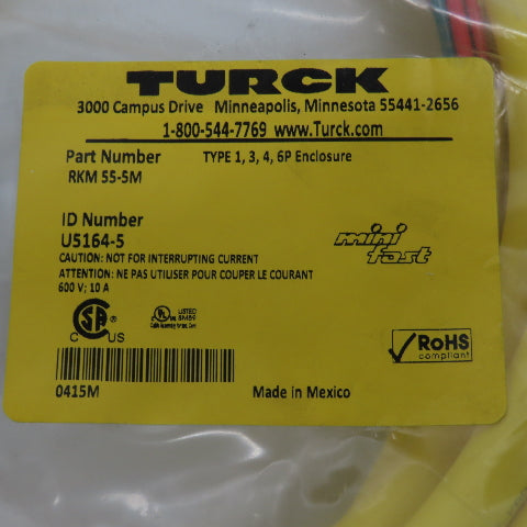 Turck RKM555M Actuator & Sensor Cordset 16AWG 5 Cond  7/8  Female Connector"