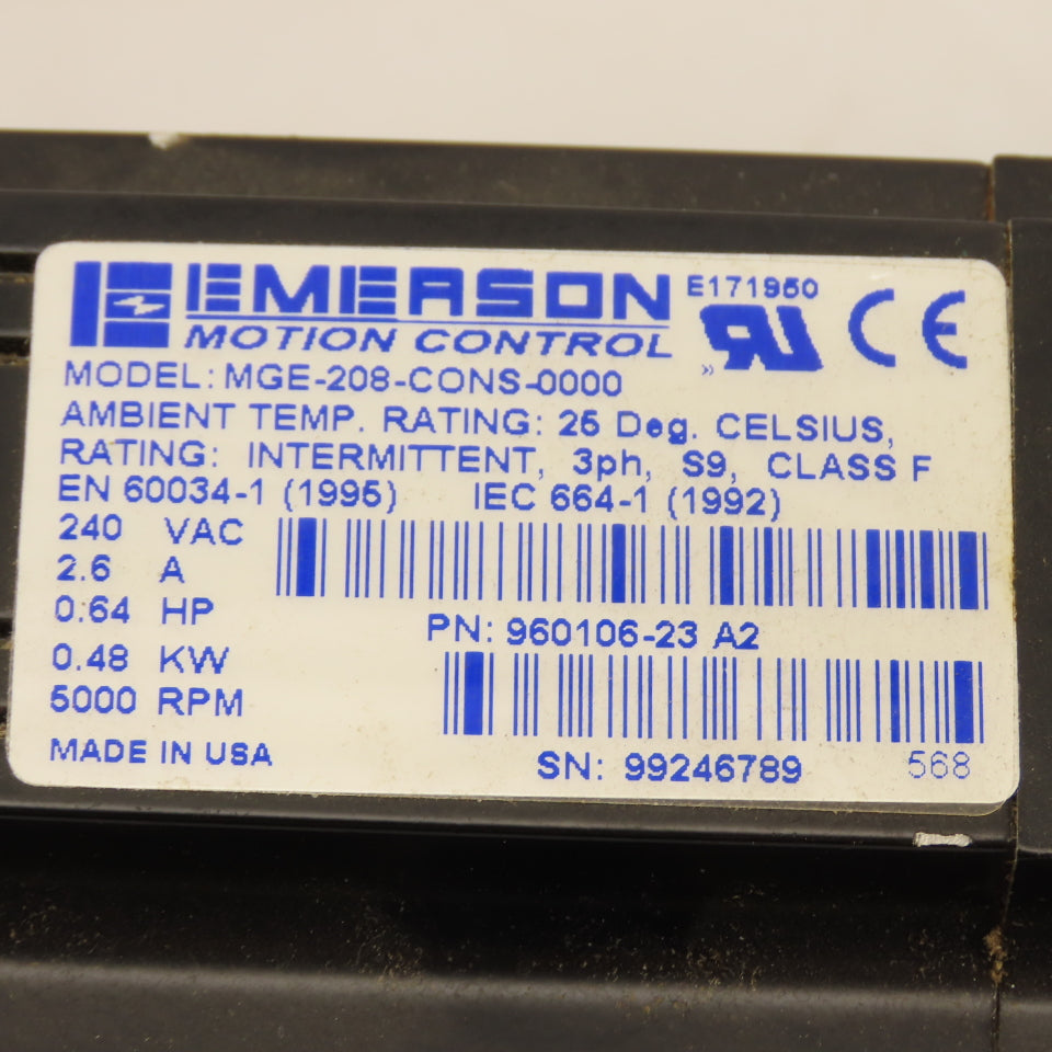 Emerson MGE-208-CONS-0000 .64Hp 240VAC 3Ph 5000RPM Servo Motor