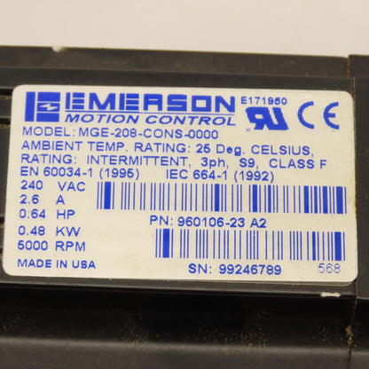 Emerson MGE-208-CONS-0000 .64Hp 240VAC 3Ph 5000RPM Servo Motor