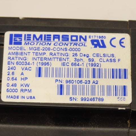 Emerson MGE-208-CONS-0000 .64Hp 240VAC 3Ph 5000RPM Servo Motor