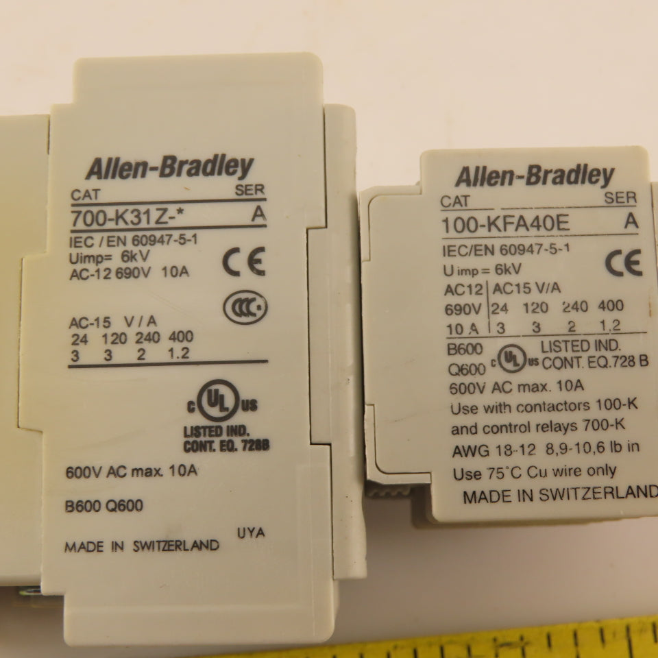 Allen Bradley 700-K31Z 100-KFA40E Contactor Relay W/ Auxiliary Block 24VDC Coil