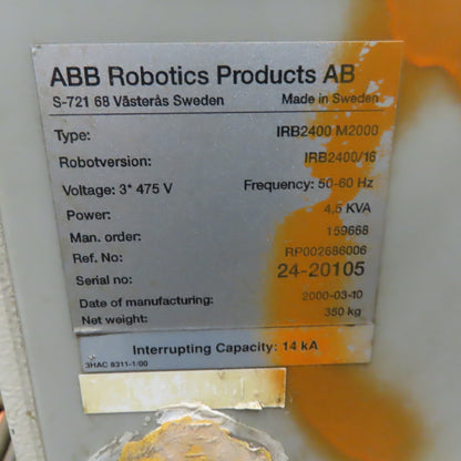 ABB ABB IRB2400 Robot Package W/S721 Controller & Teach Pendant 480V 3Ph 16KG