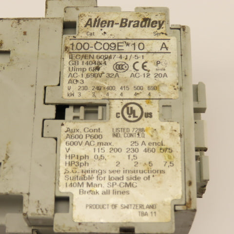 Allen Bradley 100-C09EJ10 Contactor 600VAC 7.5Hp 24VDC Coil