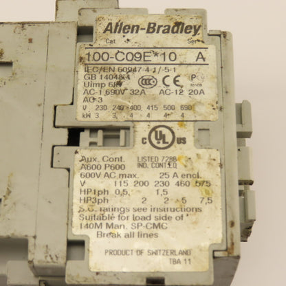 Allen Bradley 100-C09EJ10 Contactor 600VAC 7.5Hp 24VDC Coil