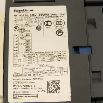 Schneider LC1D50A6 600V 40Hp 3Ph Contactor 120 Coil