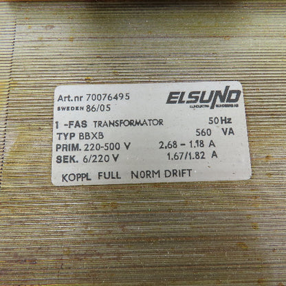 Elsund 70076495 Type BBXB 220-500V Pri 6/220V Sec 560VA 50Hz Transformer