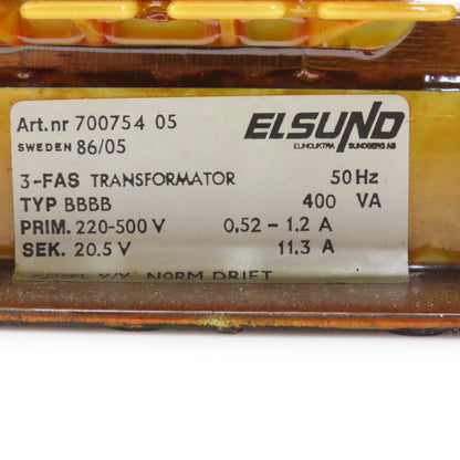 Elsund 700754 05 Type BBBB 220/500V Pri 20.5V Sec 400VA 50Hz 3Ph Transformer