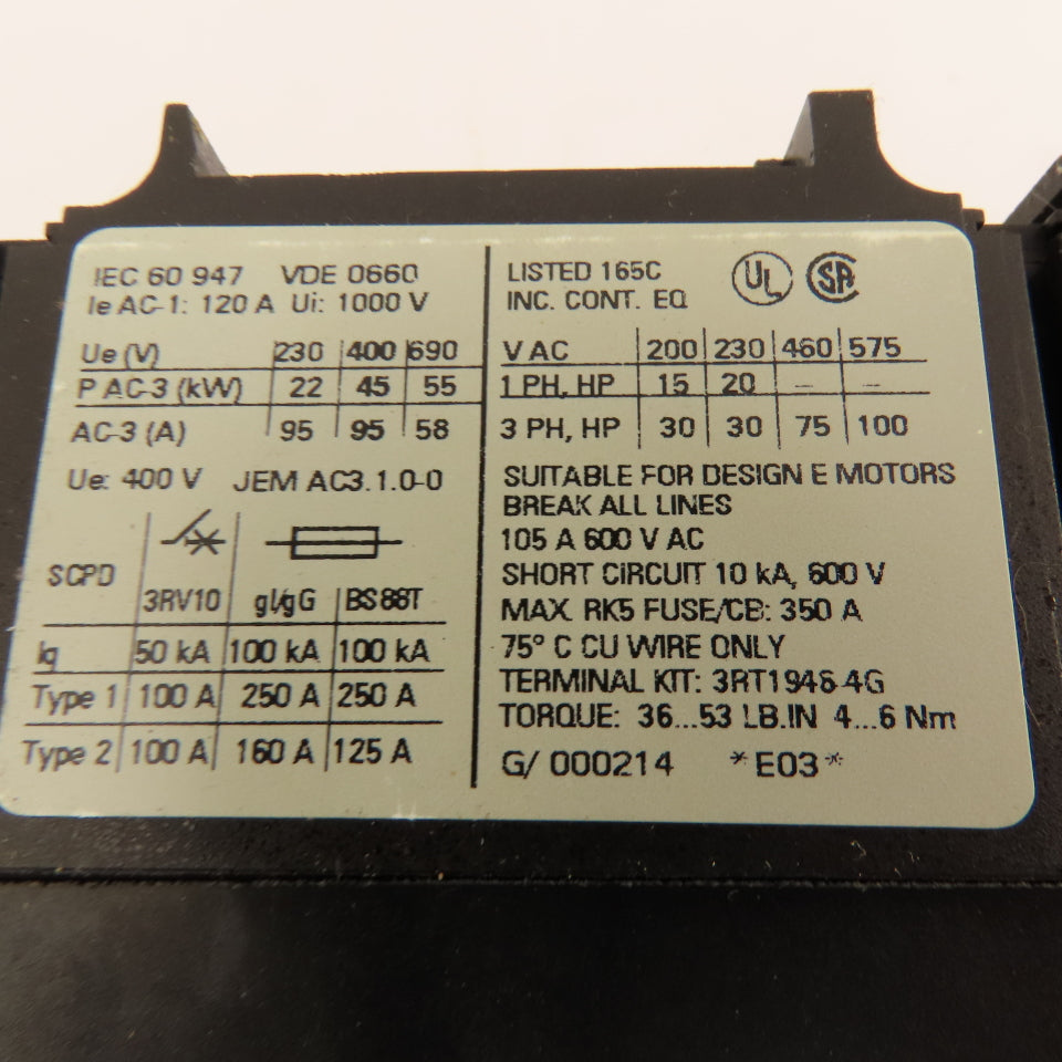 Siemens 3RT1046-1AG20 Contactor 95A 45kW 3 Pole 110V Coil