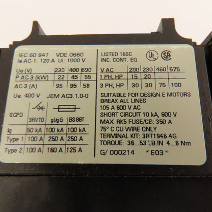 Siemens 3RT1046-1AG20 Contactor 95A 45kW 3 Pole 110V Coil