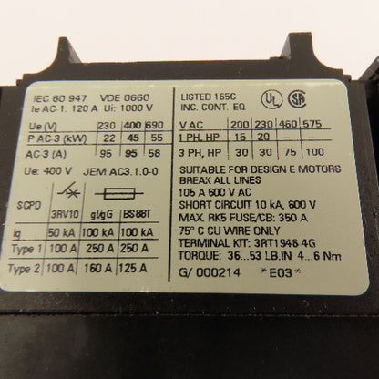 Siemens 3RT1046-1AG20 Contactor 95A 45kW 3 Pole 110V Coil
