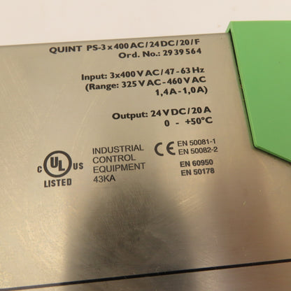 Phoenix Contact 2939564 Quint 20 400VAC 3 Pole DC Power Supply 24VDC Output