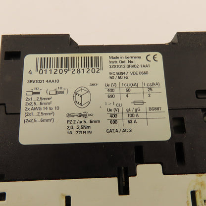 Siemens 3RV1021-4AA10 Circuit Breaker Motor Protection 600V 15Hp 3Ph 11-16A Trip