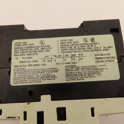 Siemens 3RV1021-4AA10 Circuit Breaker Motor Protection 600V 15Hp 3Ph 11-16A Trip