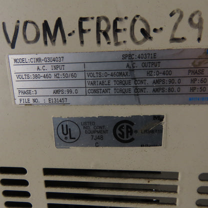 Magnum CIMR-G3U4037 60Hp AC Drive In 380-460V 50/60Hz 99A Out 0-400V 0-400Hz 3Ph
