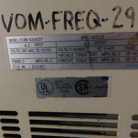 Magnum CIMR-G3U4037 60Hp AC Drive In 380-460V 50/60Hz 99A Out 0-400V 0-400Hz 3Ph