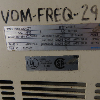 Magnum CIMR-G3U4037 60Hp AC Drive In 380-460V 50/60Hz 99A Out 0-400V 0-400Hz 3Ph
