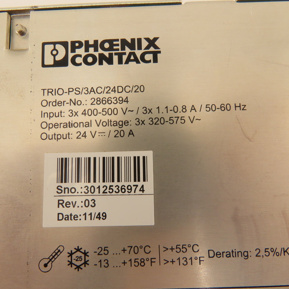 Phoenix Contact TRIO-PS/3AC/24DC/20 2866394 Power Supply 400-500V In 24VDC Out