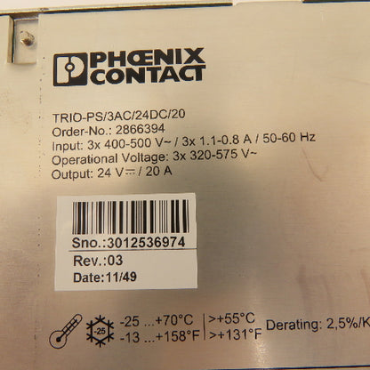 Phoenix Contact TRIO-PS/3AC/24DC/20 2866394 Power Supply 400-500V In 24VDC Out