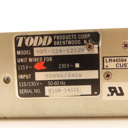 Todd Products MDT-224-1212R 115V Power Supply 5/12/12/-12VDC Output Parts/Repair