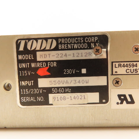 Todd Products MDT-224-1212R 115V Power Supply 5/12/12/-12VDC Output Parts/Repair