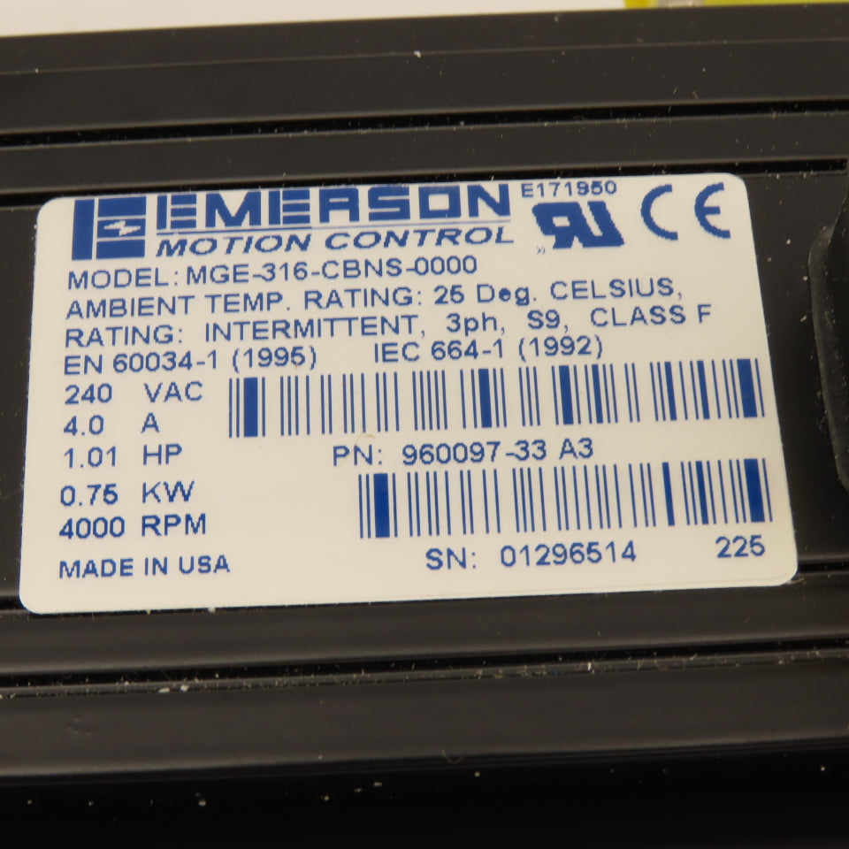 Emerson MGE-316-CBNS-0000 1Hp 4000RPM 240VAC 3Ph AC Servo Motor W/ Encoder