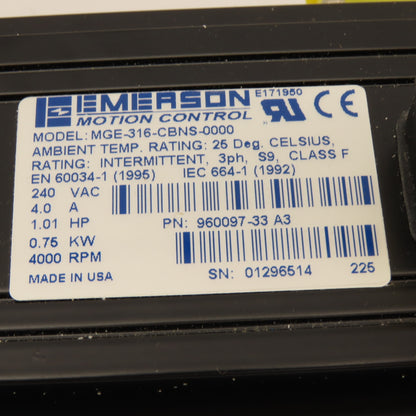 Emerson MGE-316-CBNS-0000 1Hp 4000RPM 240VAC 3Ph AC Servo Motor W/ Encoder