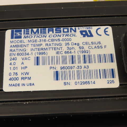 Emerson MGE-316-CBNS-0000 1Hp 4000RPM 240VAC 3Ph AC Servo Motor W/ Encoder