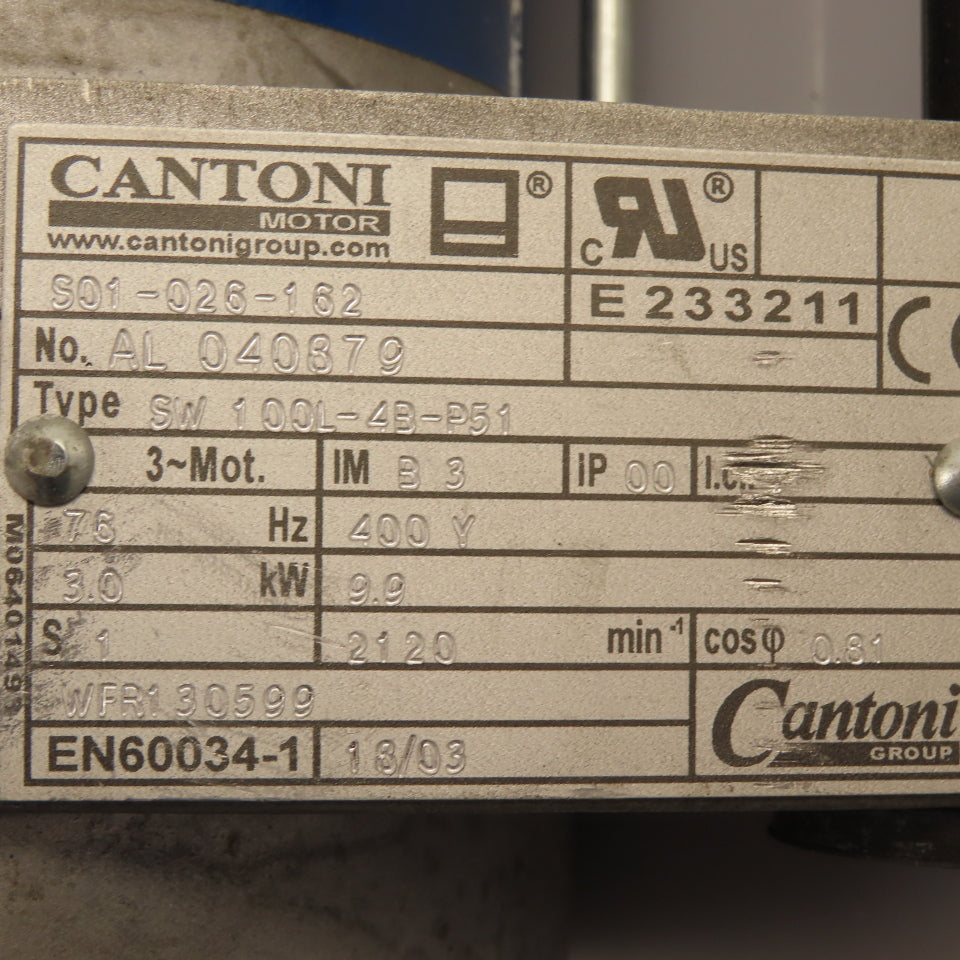 Cantoni S01-026-162 SW-100L-4B-P51 AC Motor 400VY 3kW 3Ph 2120RPM 76Hz