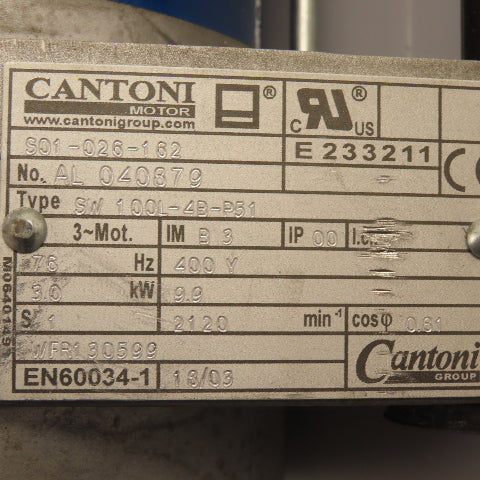 Cantoni S01-026-162 SW-100L-4B-P51 AC Motor 400VY 3kW 3Ph 2120RPM 76Hz