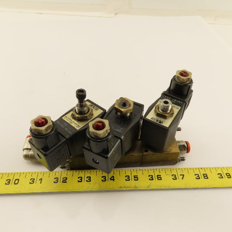 Lane Pneumatic VE25-C Pneumatic Solenoid 3 Valve Bank Brass Manifold 120V Coil
