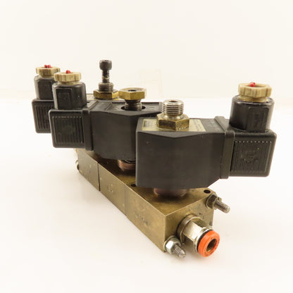 Lane Pneumatic VE25-C Pneumatic Solenoid 3 Valve Bank Brass Manifold 120V Coil
