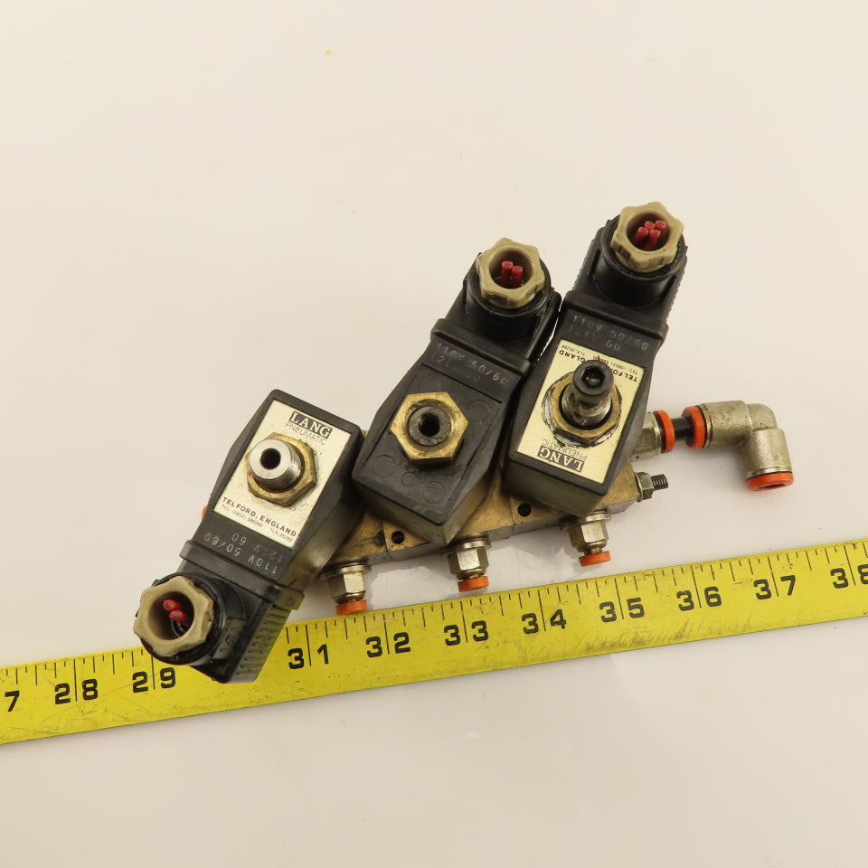 Lane Pneumatic VE25-C Pneumatic Solenoid 3 Valve Bank Brass Manifold 120V Coil