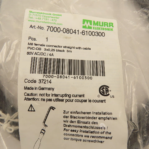 Murr Elektronik 7000-08041-6100300 M8 Female Straight Cable Flying Lead 3M