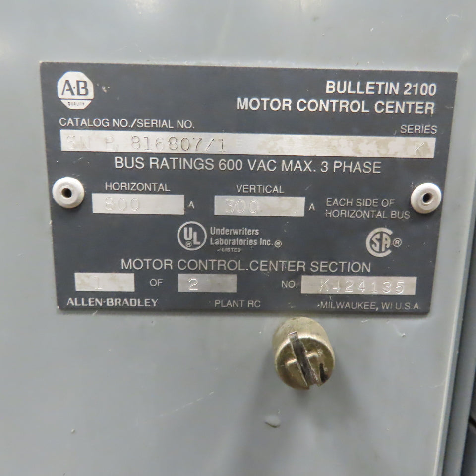 Allen Bradley 600V 800A Capacity Modular Motor Starter Enclosure 90"x55"x20"