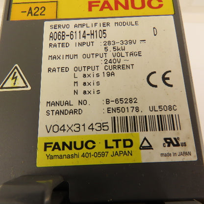 Fanuc A06B-6114-H105 Servo Amplifier 283-339VDC 5.5kW Single Axis