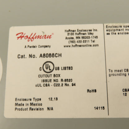 Hoffman A8066CH 8" x 6" x 6" Type 12,13 Electrical Enclosure Box W/ Back Plate