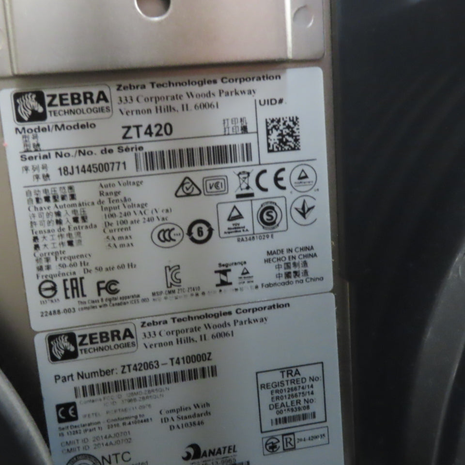 Zebra ZT420 ZT41063-T410000Z Thermal Transfer Label Maker 100-240VAC