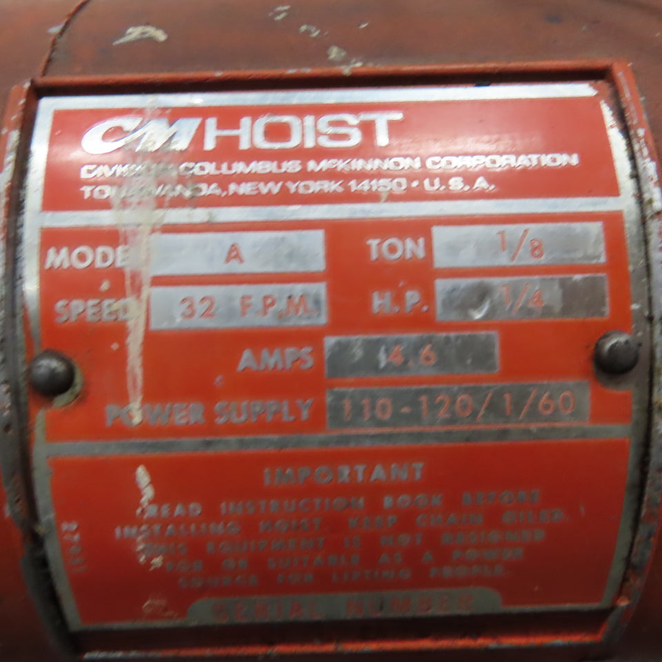 CM Lodestar Model A 1/8 Ton Electric Hoist 10' Lift 32 FPM 120V 1Ph W/Trolley