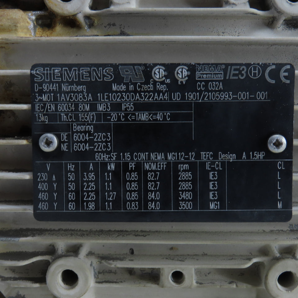Siemens 1LE10230DA322AA4 1.1/1.27KW 2885/3500RPM AC Motor 230/460VY 80M
